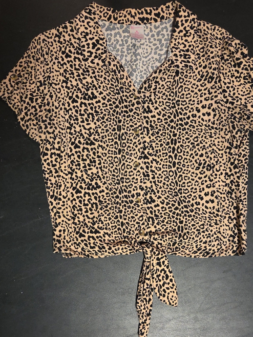 No Boundaries Tan and Black Leopard Tie-Front Button Shirt